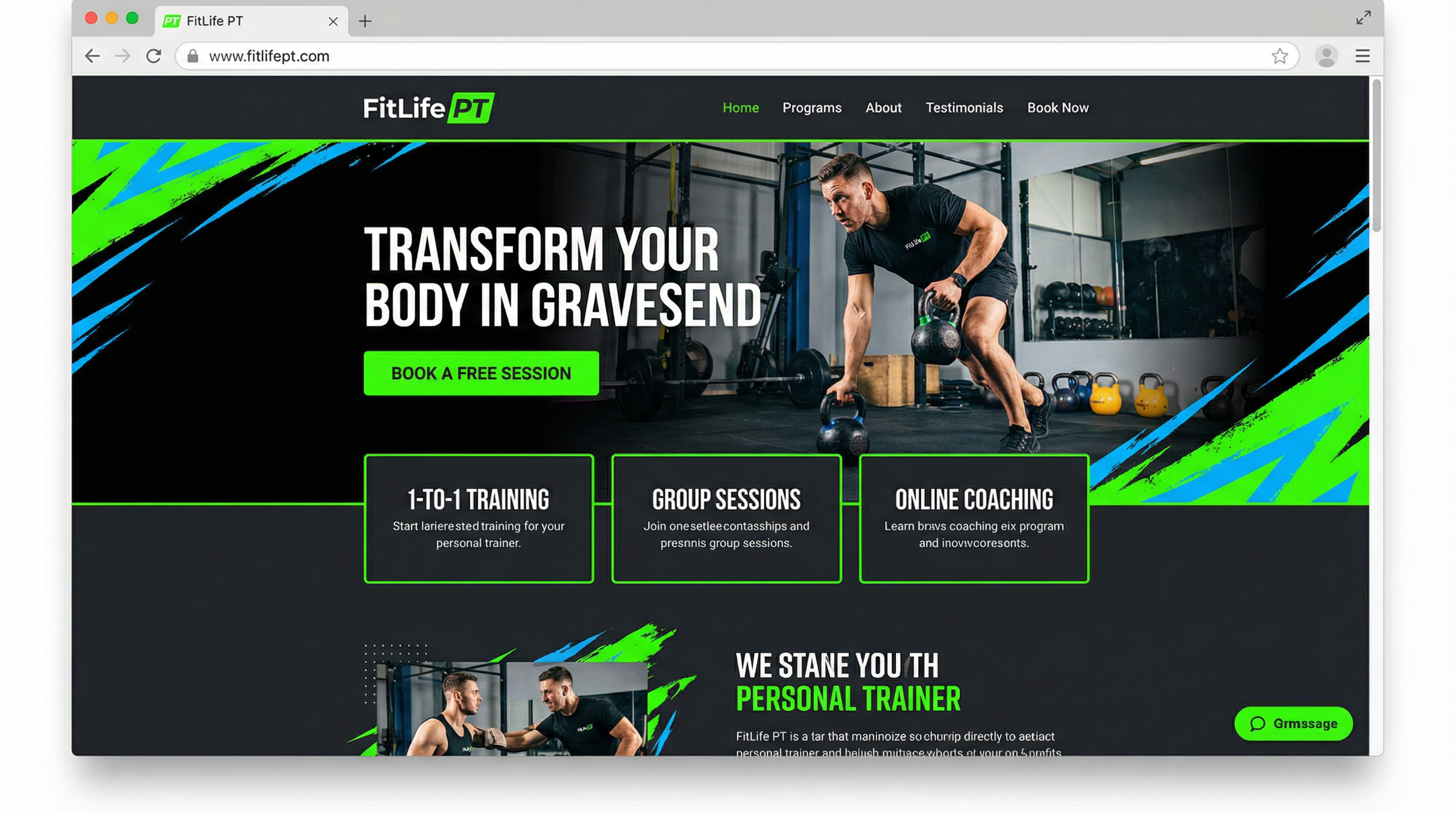 Personal trainer website design example for Gravesend fitness business